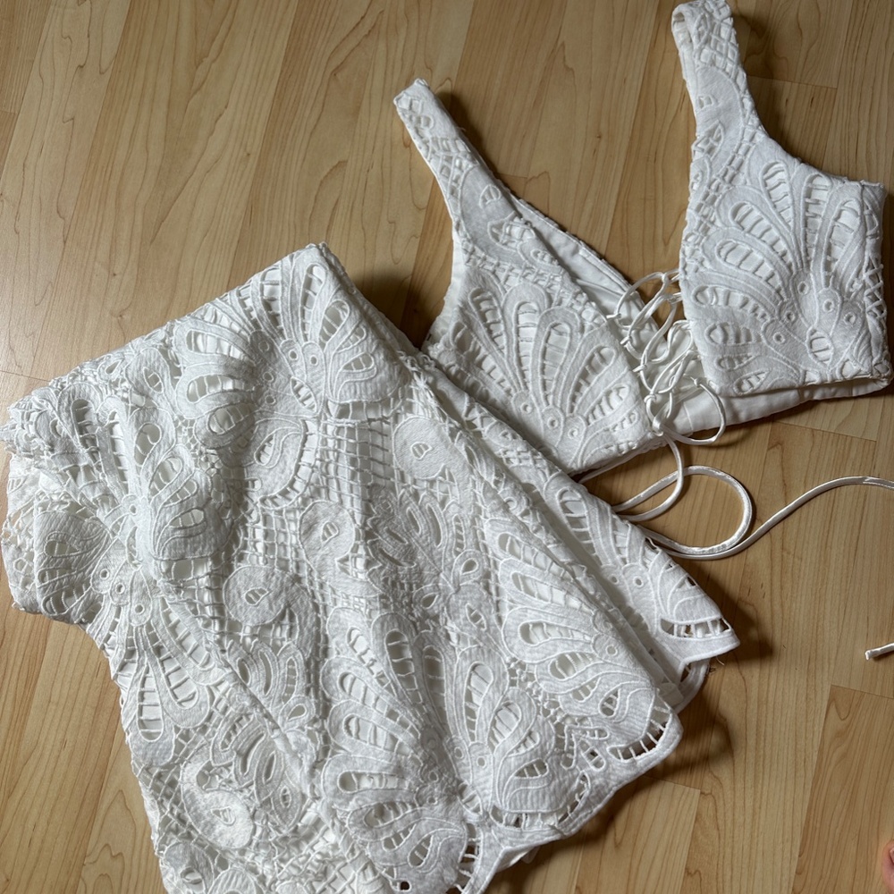 Lulu's My Heart is Yours White Lace-Up Crochet Lace Two-Piece Jumpsuit in Small